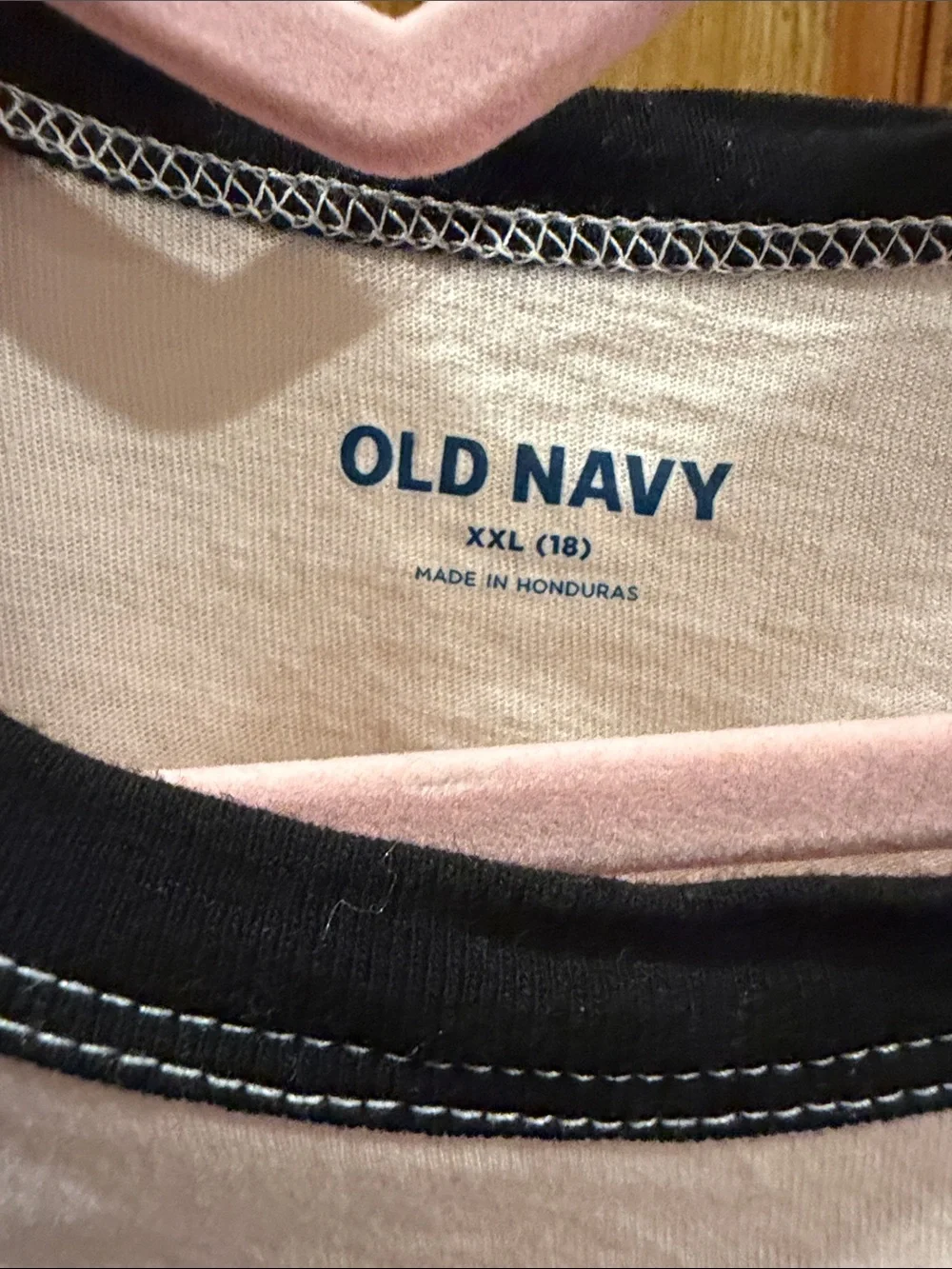 Old Navy Pink Ringer Tee with Black Trim and Red Graphic
